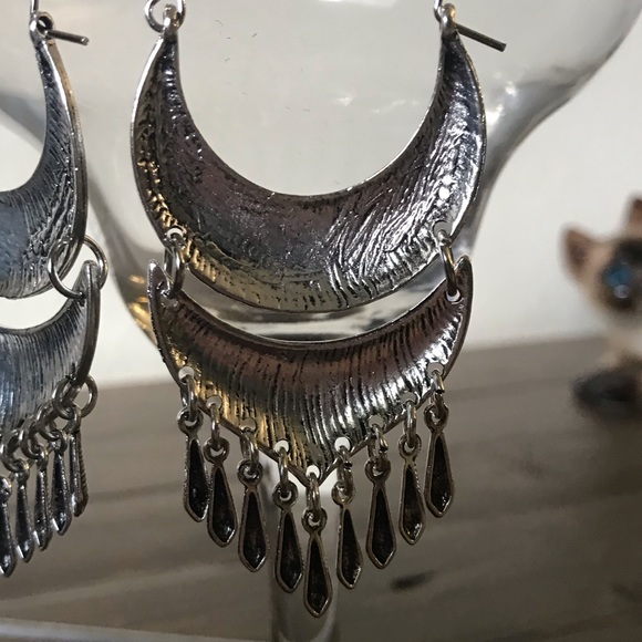 Silvertone Crescent Embossed Drop Earrings - Picture 3 of 4